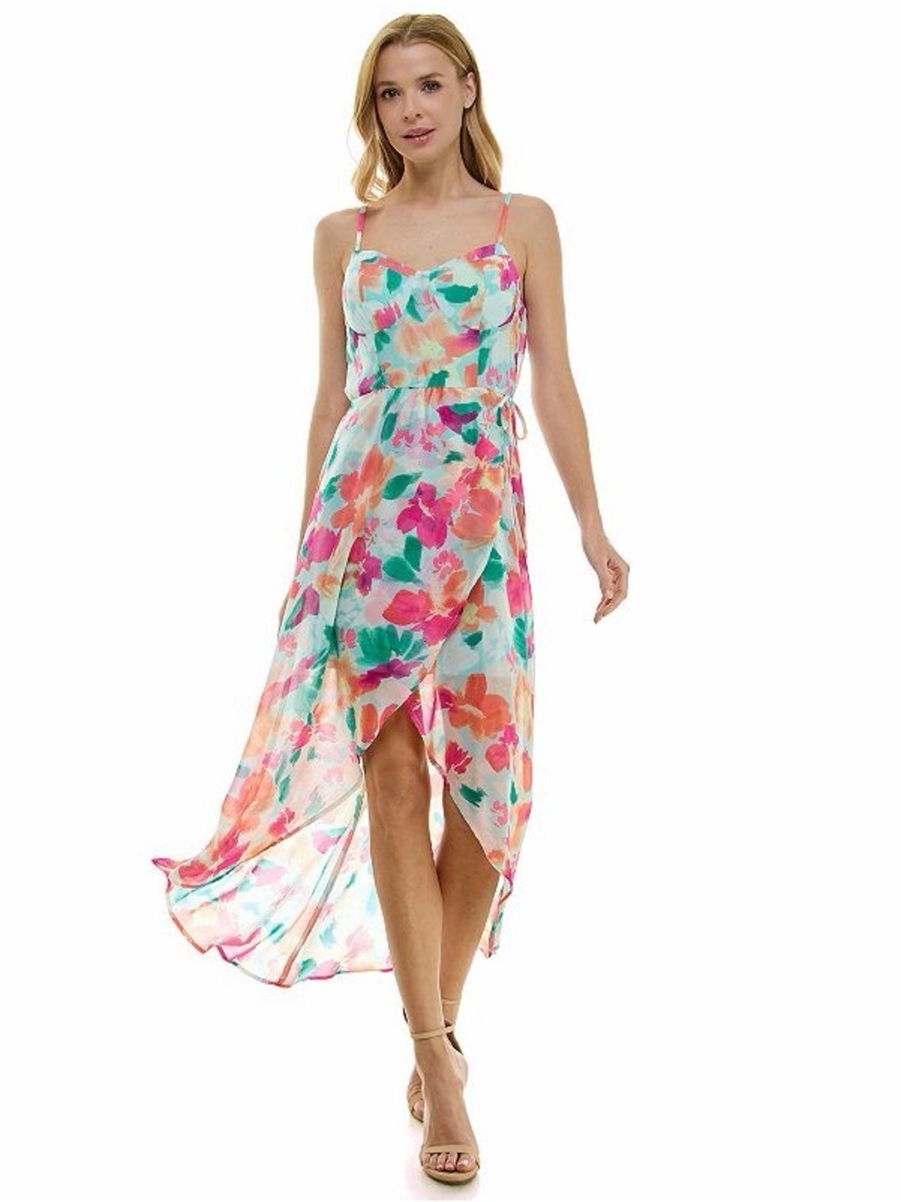 Lily Rose Floral High-Low Spaghetti Strap Maxi Dress - Pink Multi. NWT